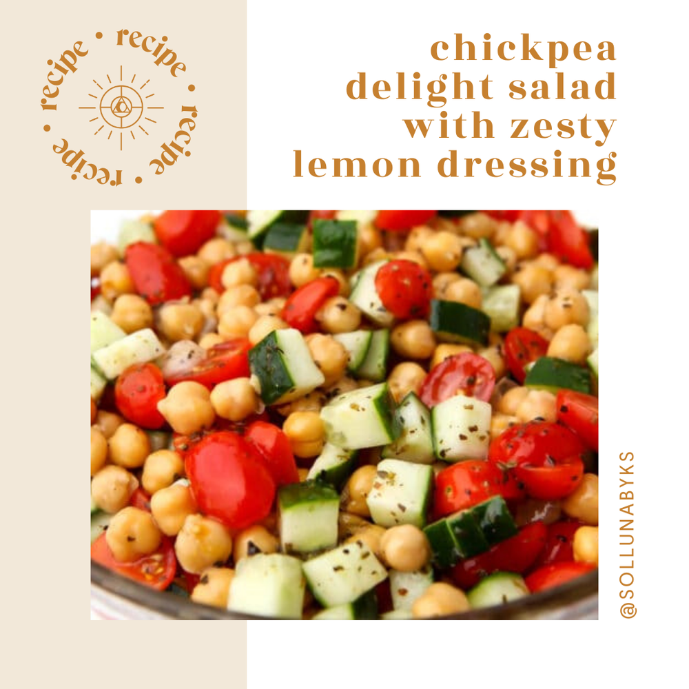 A close-up of Kimberly Snyder's chickpea delight salad with zesty lemon dressing.