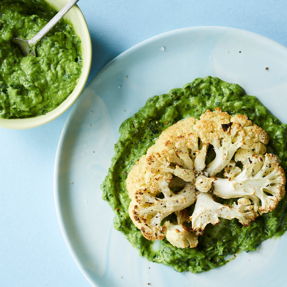Roasted Cauliflower Steak with Avocado Kale Vegan Pesto