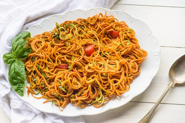 Sweet Potato “Pasta” Salad with Garlic-Basil Dressing