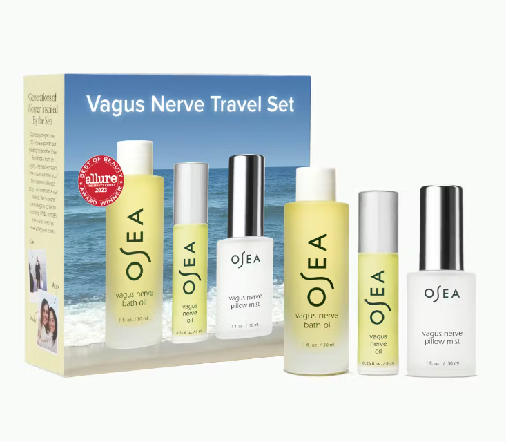 OSEA Vagus Nerve Travel Set with packaging featuring an ocean scene.