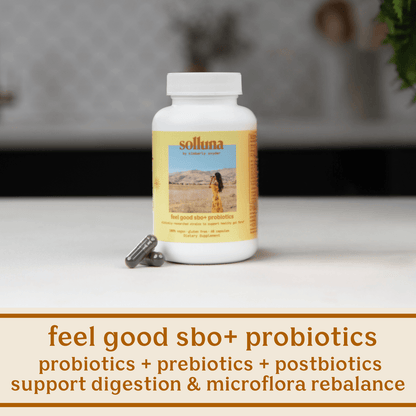 SBO Probiotics bottle which includes probiotics, prebiotics, and postbiotics for digestion and microflora rebalance. 