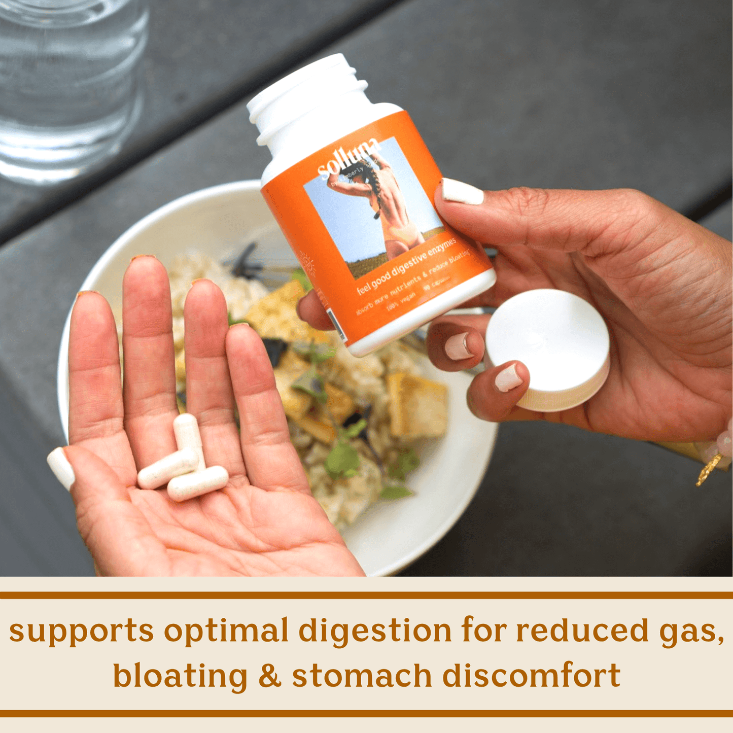 A hand holds a Solluna Digestive Enzymes supplement bottle with pills in front of a meal, with text highlighting benefits to help reduce gas, bloating, and stomach discomfort