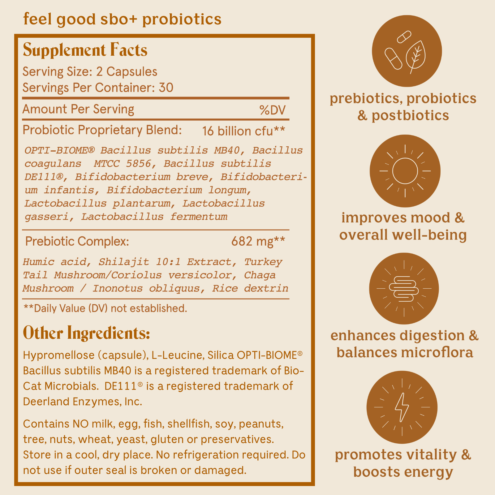 Supplement facts label for Solluna SB0 Probiotics with ingredients and benefits listed.