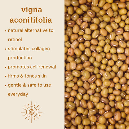 Solluna's Feel Good Moisturizer key ingredient benefit description. Vigna Aconitifolia: Natural alternative to retinol, Stimulates collagen production, Promotes cell renewal, Firms & tones skin, Gentle & safe to use everyday