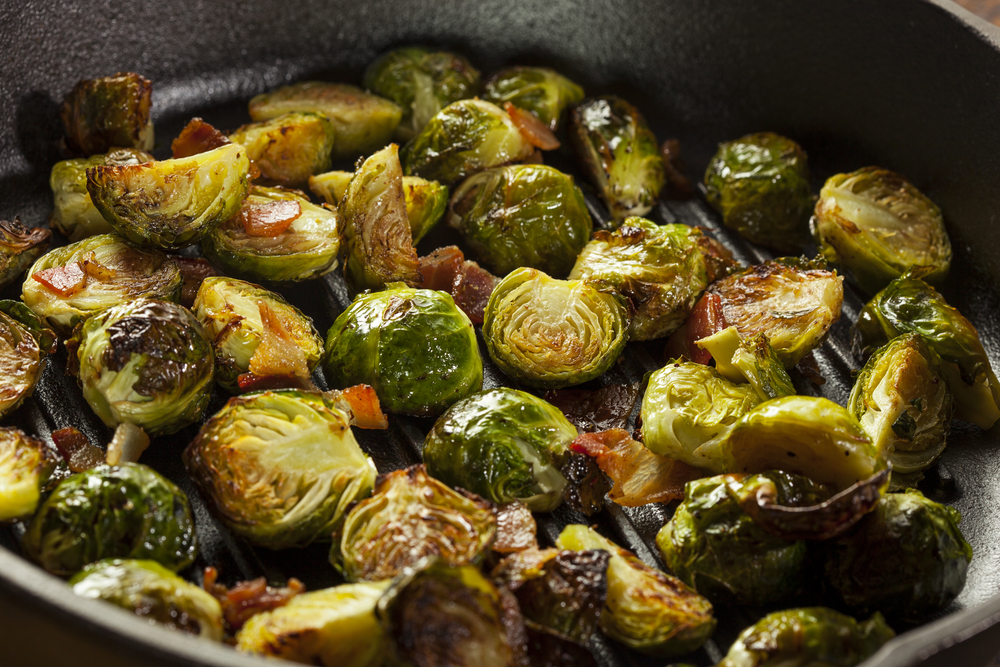 Image of brussel sprouts in a pan.