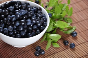 white bowl of blueberries
