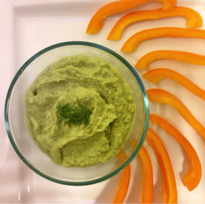 Picture of healthy dip with sliced peppers