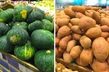 Image of organic kabocha squash and sweet potatoes