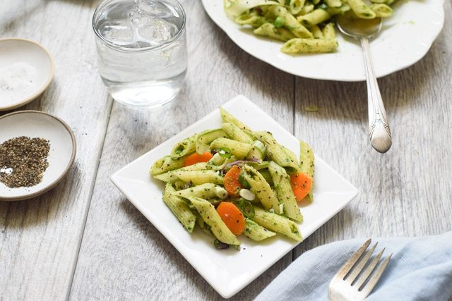 Picture of Spring Pasta Salad presented on white plate