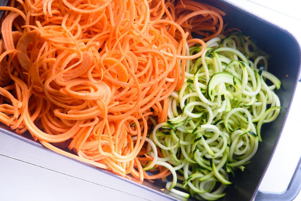Picture of sweet potatoes and zucchini spiralized