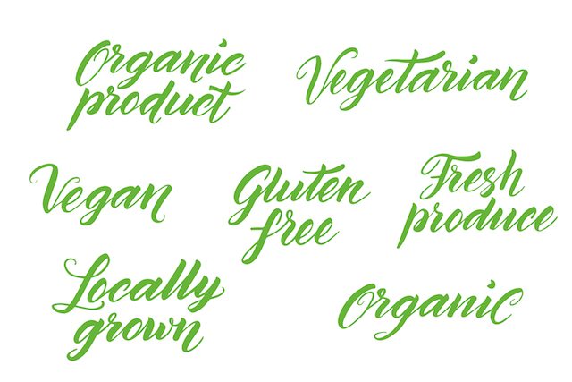 Picture of a hand drawn healthy food brush letterings. Organic, organic product, gluten free, vegan, locally grown, vegetarian, fresh produce. Label, logo template isolated on white background.