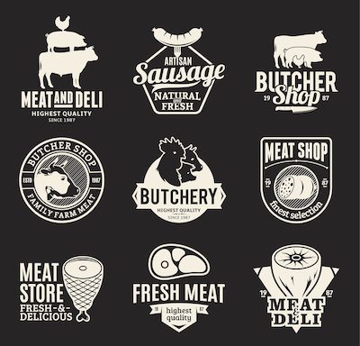 Set of butchery logo icons and design elements on black background for grocery food labels and meat store branding and identity.