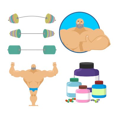 Fitness Set. Bodybuilder And Sports Nutrition. Athlete And Barbell. Sports Man Thumbs Up Shows Well.
