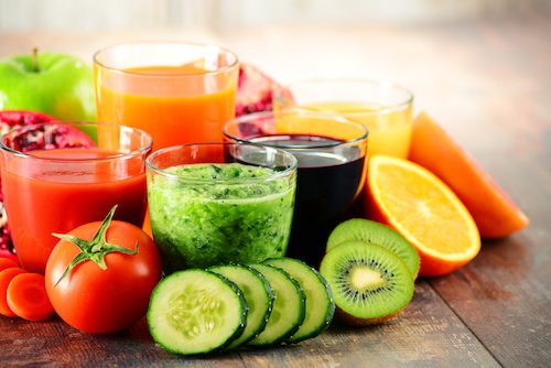 Glasses Of Fresh Organic Vegetable And Fruit Juices