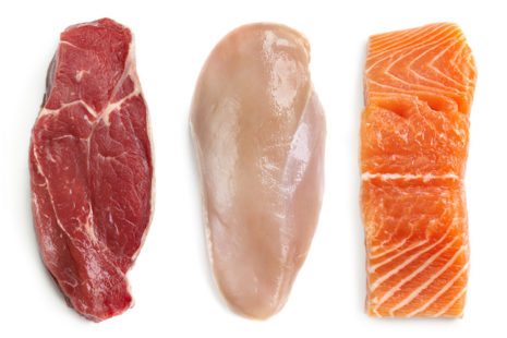 Raw beef steak, chicken breast, and salmon, isolated on white. Top view. Lean proteins.