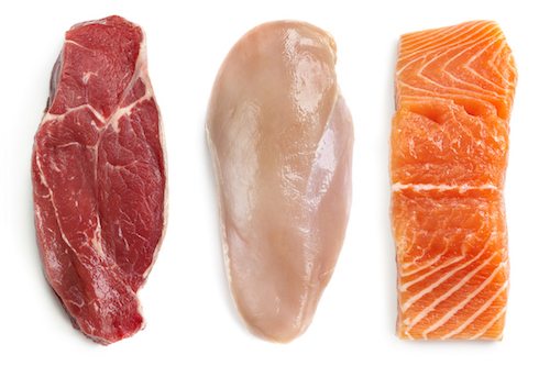 Raw beef steak, chicken breast, and salmon, isolated on white. Top view. Lean proteins.