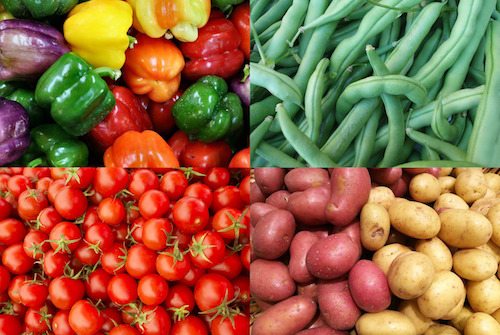 Picture of bell peppers, green beans, tomatoes, and potatoes.