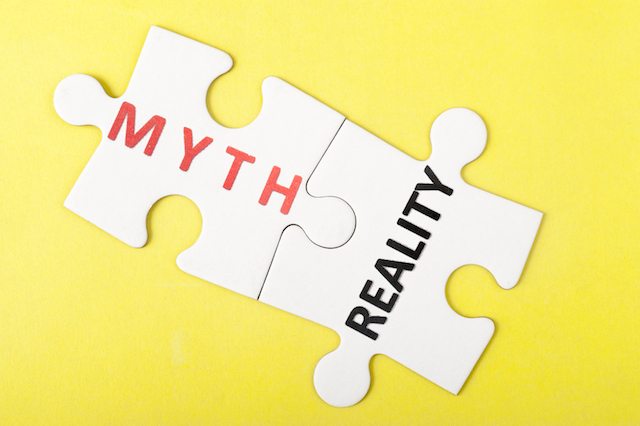 Myth and reality words on two pieces of puzzle