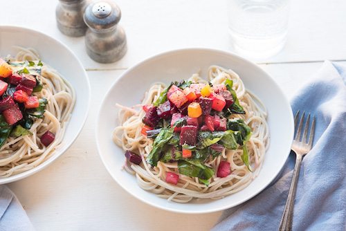 Roasted Beets and Greens Gluten-Free Pasta