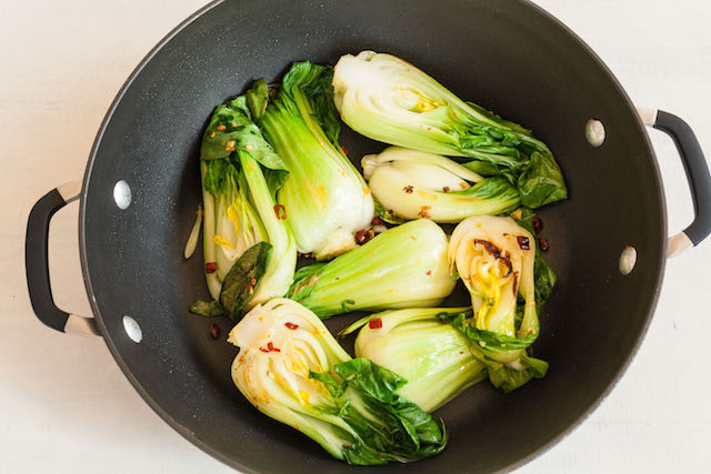 Image of bok choy in pan cooked until tender (about 4 minutes).