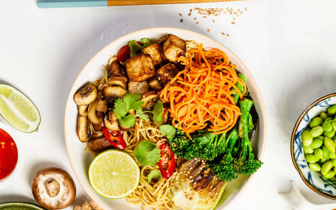 Featured Image showing the recipe of a noodle bowl that includes tofu, carrots and broccoli