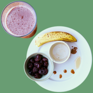 A warming nutmeg and cherry smoothie next to its ingredients.