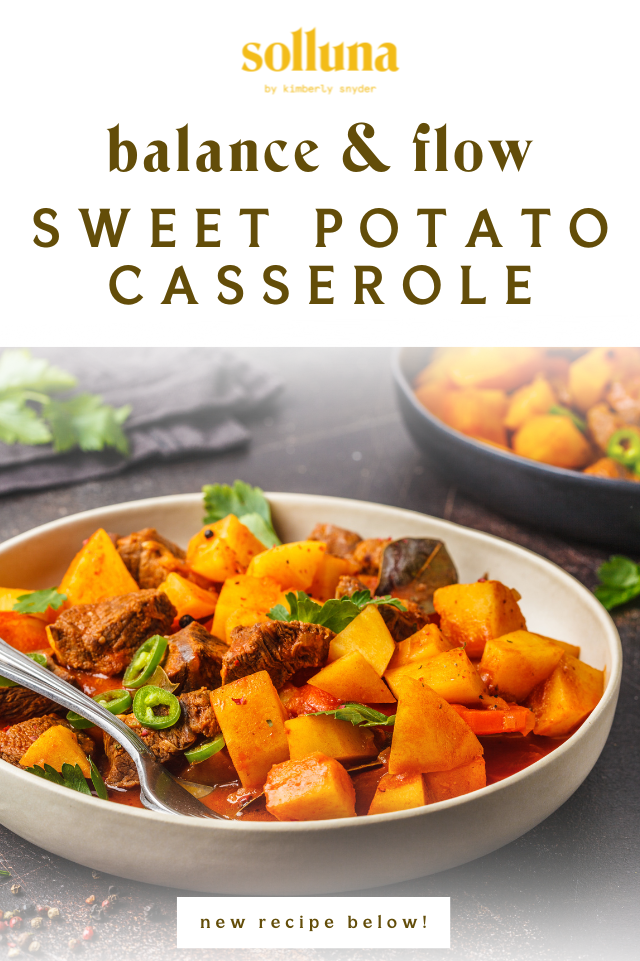 A serving of balance and flow sweet potato casserole.